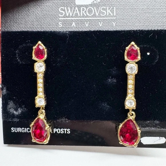 Swarovski Swan Red Crystal Drop Earrings Surgical Steel Posts - Picture 3 of 6
